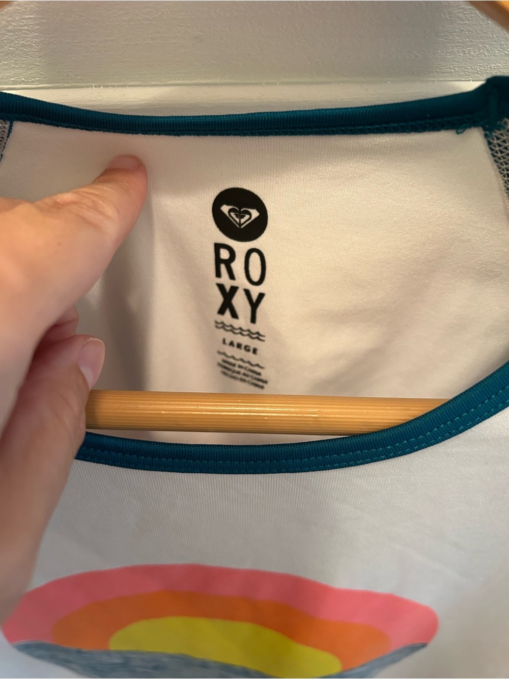 Roxy White Raglan Tee with Teal Sleeves and Sunset Graphic | Size Large Swim - Picture 6 of 12